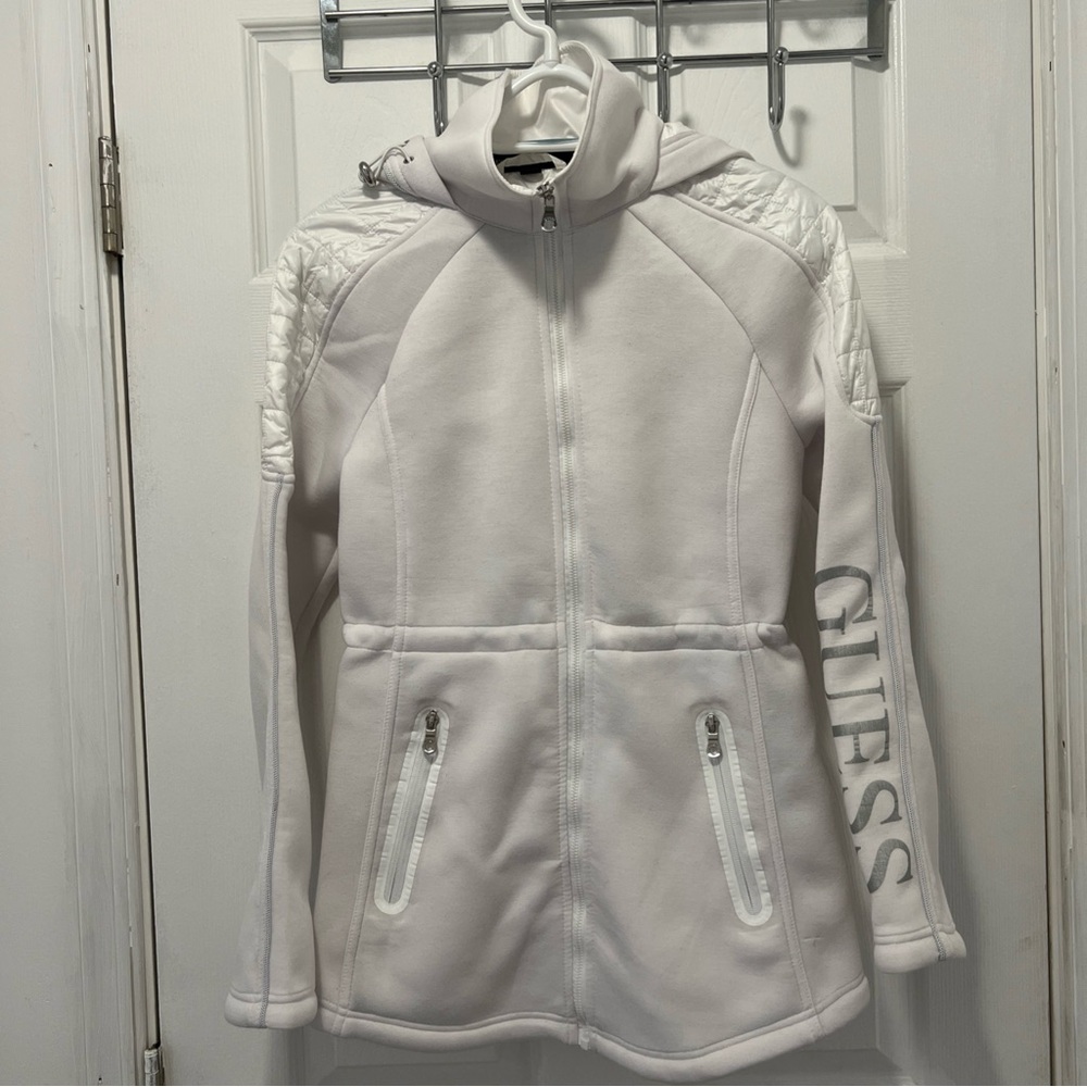 Guess Ladies White  Down Jacket Size XS Quilted Hooded